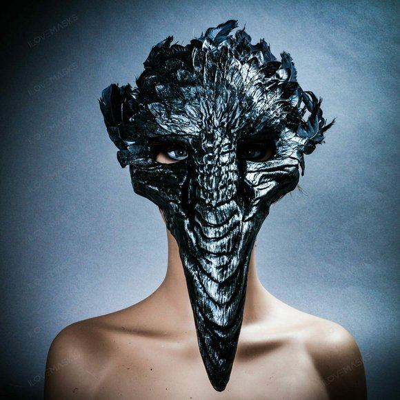 Black Bird Curved Nose Feather Plague Doctor Mask - Picture 4 of 9